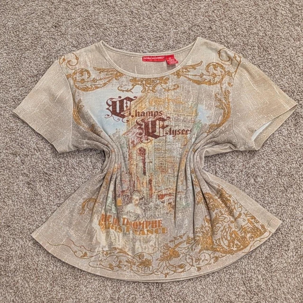 Gloria Vanderbilt Cream and Gold Graphic Tee